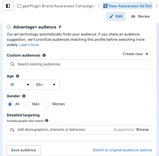 geoPlugin’s screenshot of demographic settings in the Meta ad campaign.