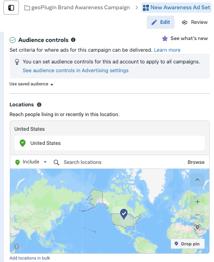 geoPlugin’s screenshot of location setting in Meta ads.