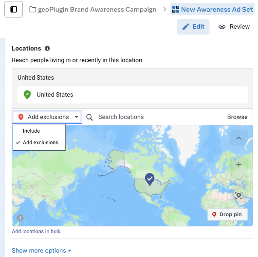 geoPlugin’s screenshot of Meta ad campaign showing how to exclude locations.