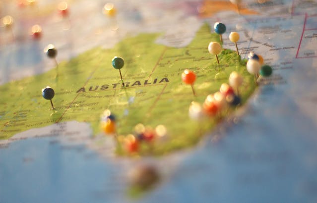 Pins on the map of Australia. 