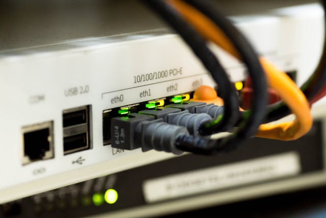 Internet cables connected to ethernet ports. 