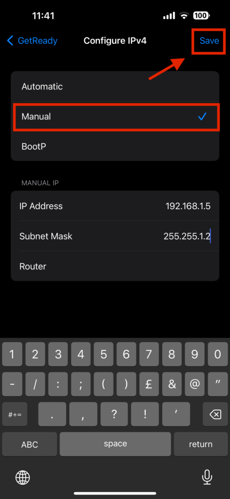 geoPlugin’s screenshot of setting manual IP address for iPhone.